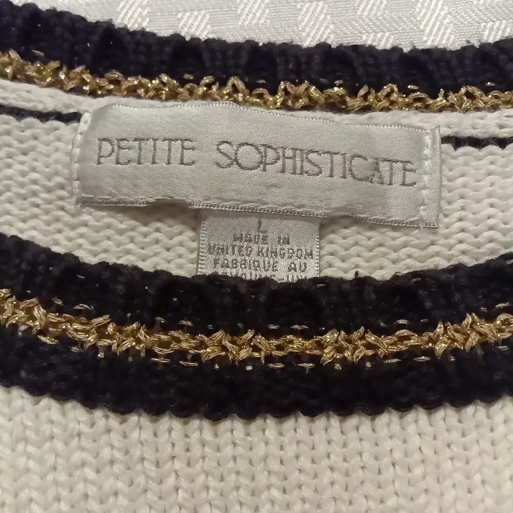 Petite Sophisticate Nautical Sweater Sz Lg Black And White Gold Trim Cotton
